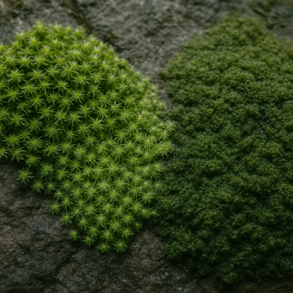 日陰の岩肌に、2種類の苔とその中間に広がる色合いの異なるハーフ苔が密着して生えている様子の接写写真。