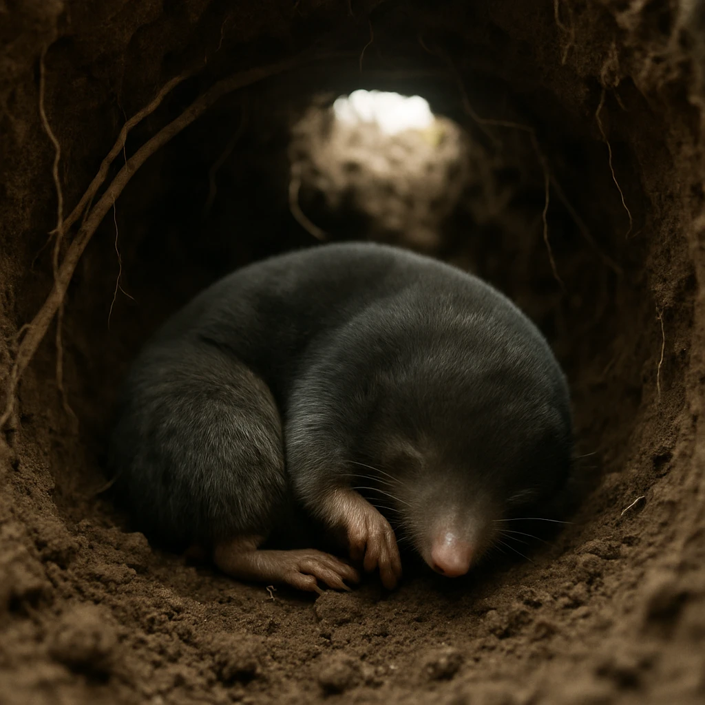 モグラが湿った土のトンネルの中で静かに丸くなり眠っている様子のリアルな写真。