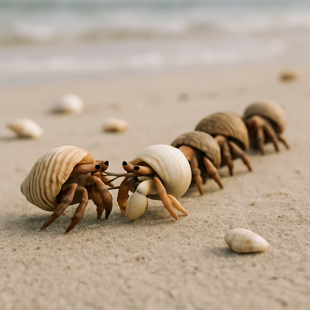 砂浜でヤドカリたちが行列を作り、ひとつのヤドカリが殻を脱ぎ渡して別のヤドカリが新しい殻に移る様子の写真。