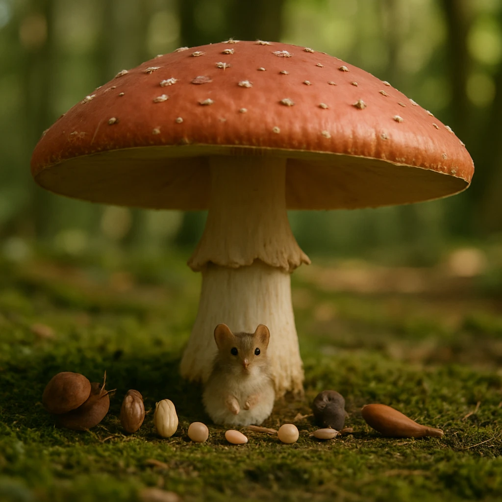 大きな赤いカサのきのこの下で、様々なタネや小動物たちが集まっている森の一場面。