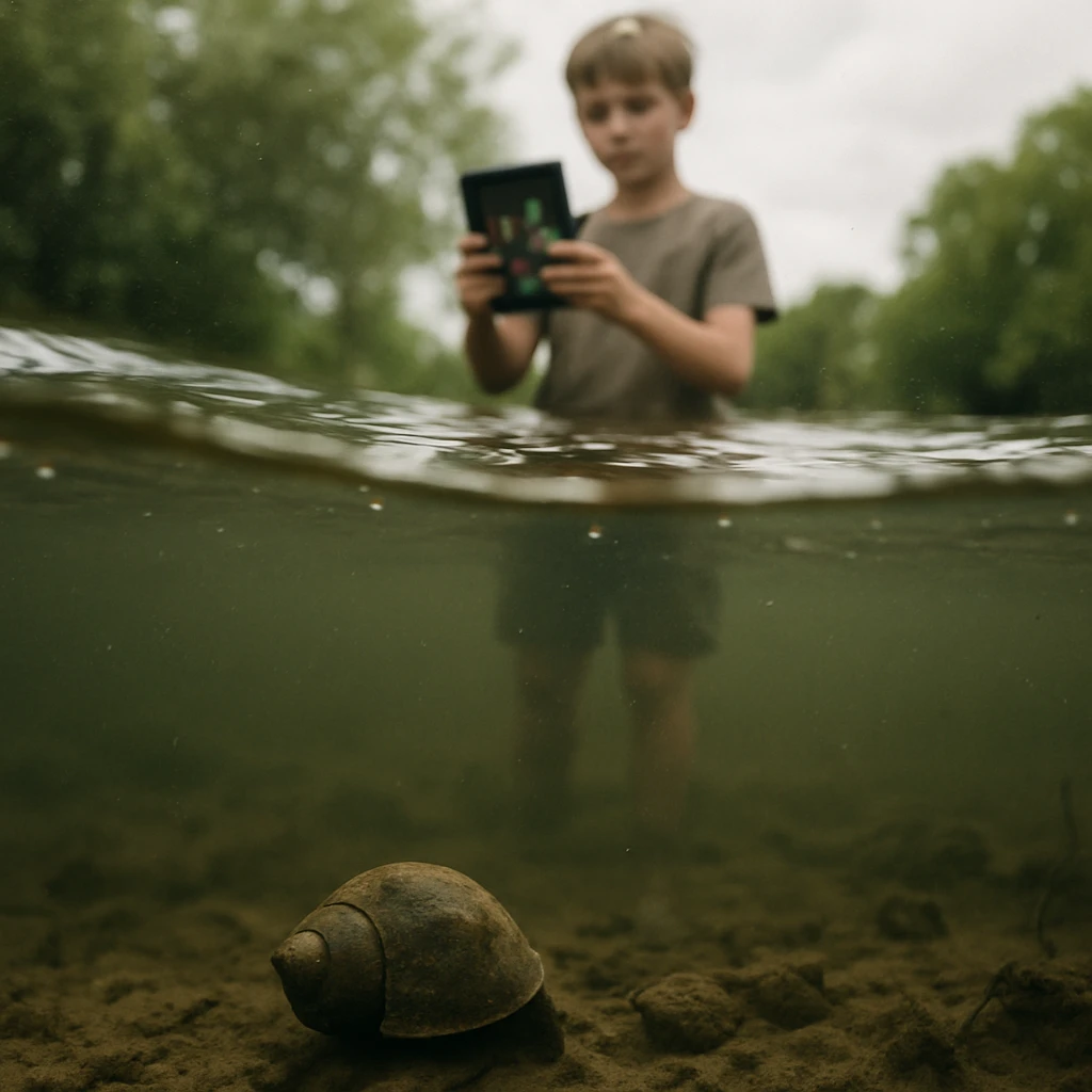 川底の泥の中から水面越しに岸に立つ少年とデバイスを見上げるヒメタニシの様子を写したリアルな写真。