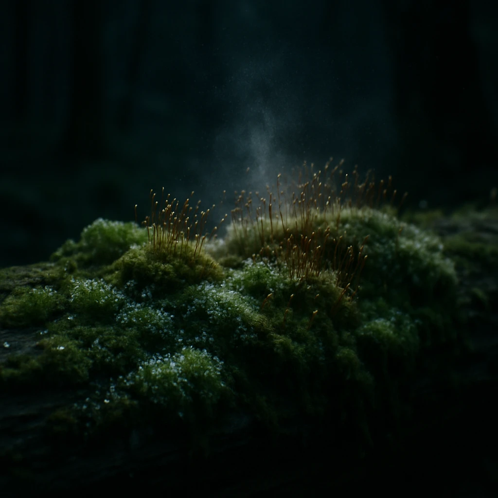 朽ちた丸太の上に集まった数種類のコケと胞子体が夜の月明かりに照らされている。