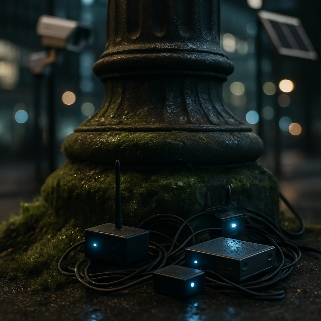 夜の都市で、苔が生えた街路灯の根元に電子機器と配線が集まり、かすかなLEDの光に照らされた様子の写真。