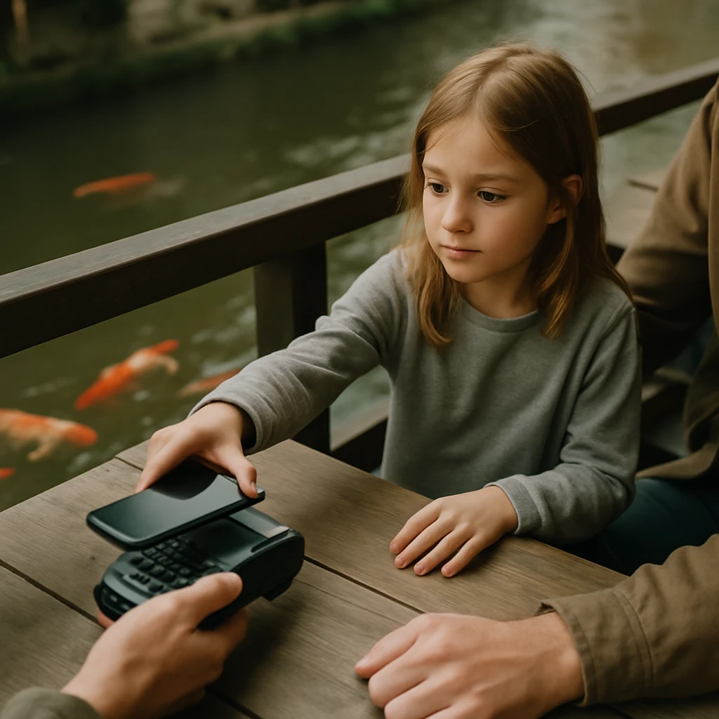 川岸のカフェで少女が親と一緒にスマートフォンをタッチ決済端末にかざし、そのそばの川にはコイが泳いでいる様子。