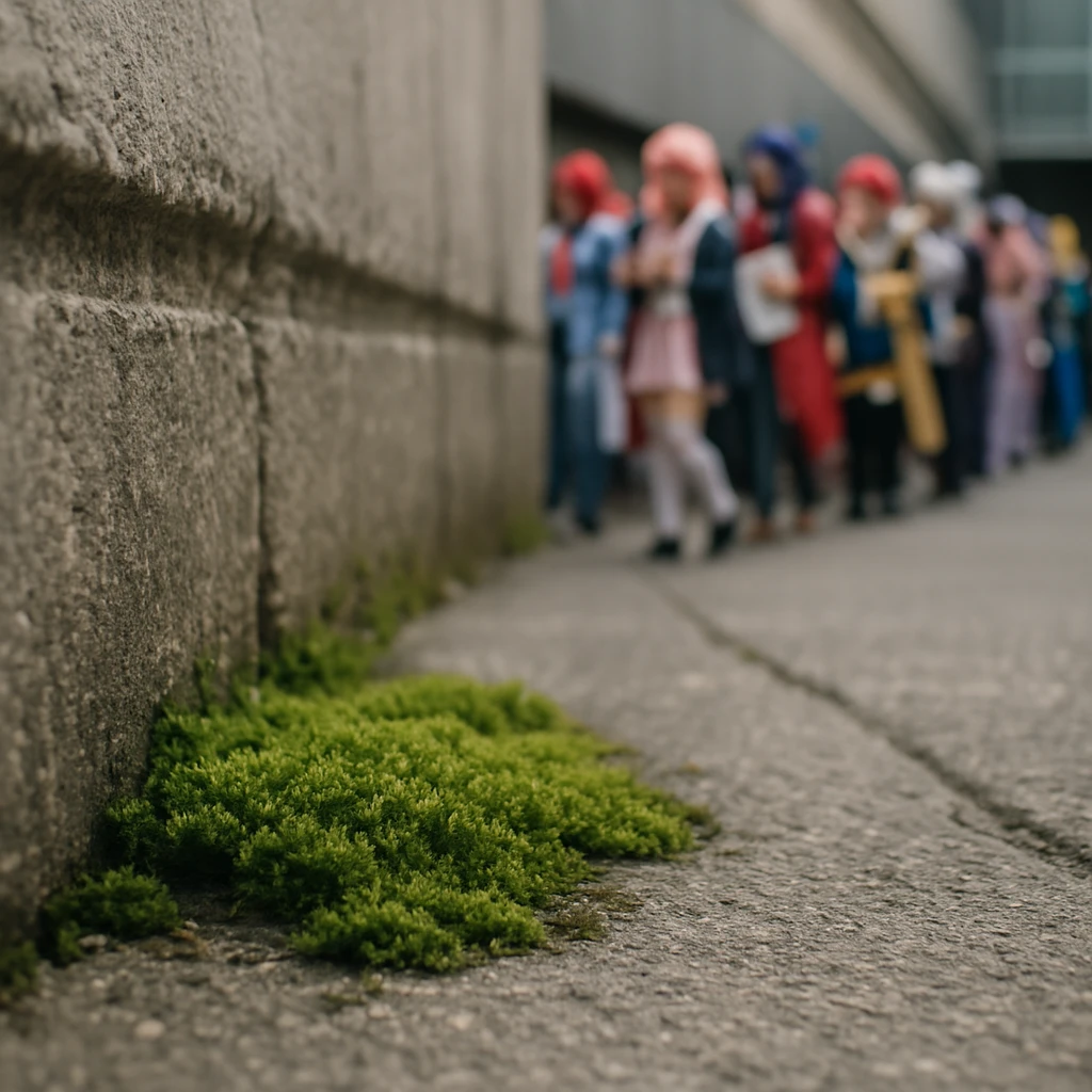コンクリートの割れ目に生える苔越しに、多くの人々がカラフルな衣装で並ぶ行列がぼんやり写っている写真。