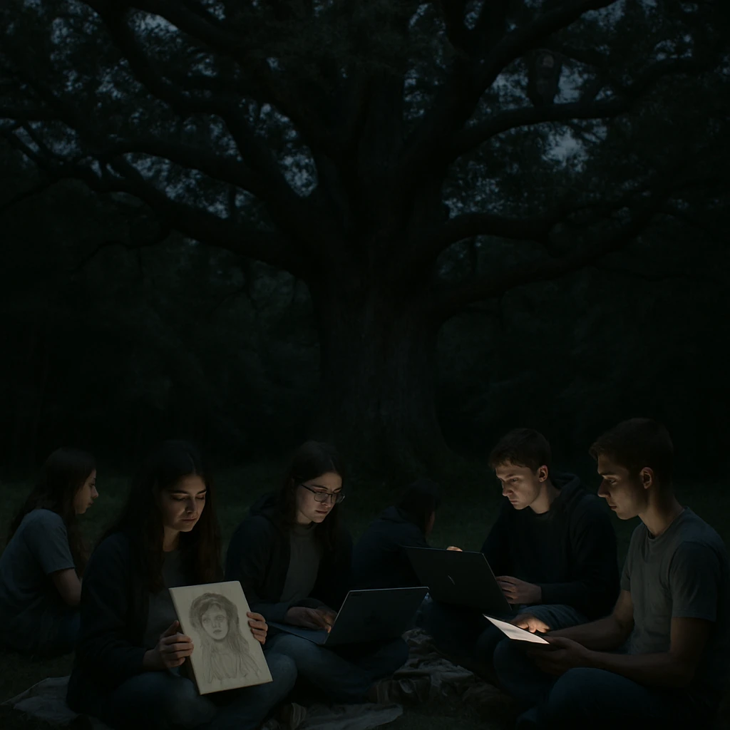 夜のオークの森の入口で、若者たちが光る電子機器とファンアートを手に集まり、大樹とその枝のフクロウが背景に写っている。