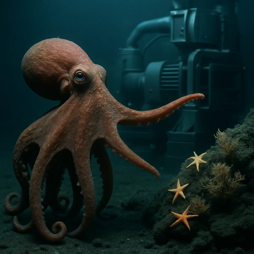 深海の鉱物採掘施設でタコが腕を伸ばし、ヒトデとコケムシに向けて合図している様子のリアルな写真。