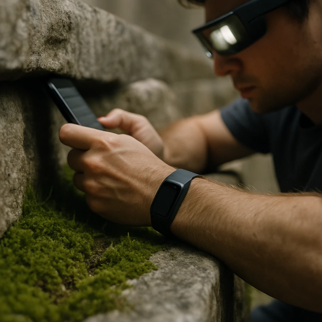 石垣の隙間のコケ越しに、腕にウェアラブルデバイスと眼鏡型端末を装着し、スマートフォンを見る人物の手元が写っている写真。