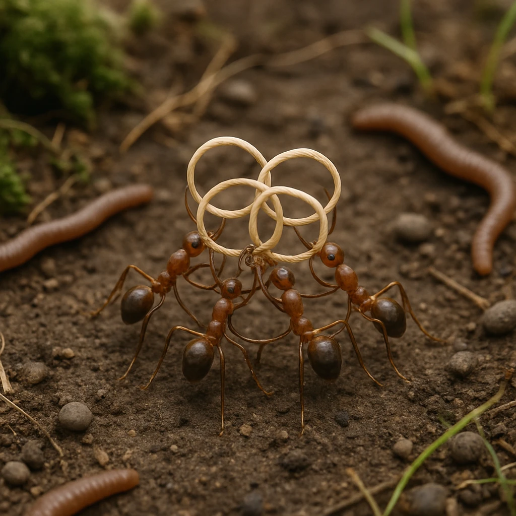 土壌の上で小さな菌類のフープを使って連携して動くアリたちと、それを囲むミミズや小石が自然の光の中で写っている写真。