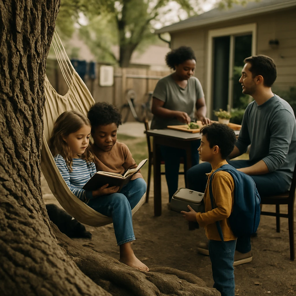 大きなオークの根元越しに、多様な家族が庭で交流する様子を写した写真。