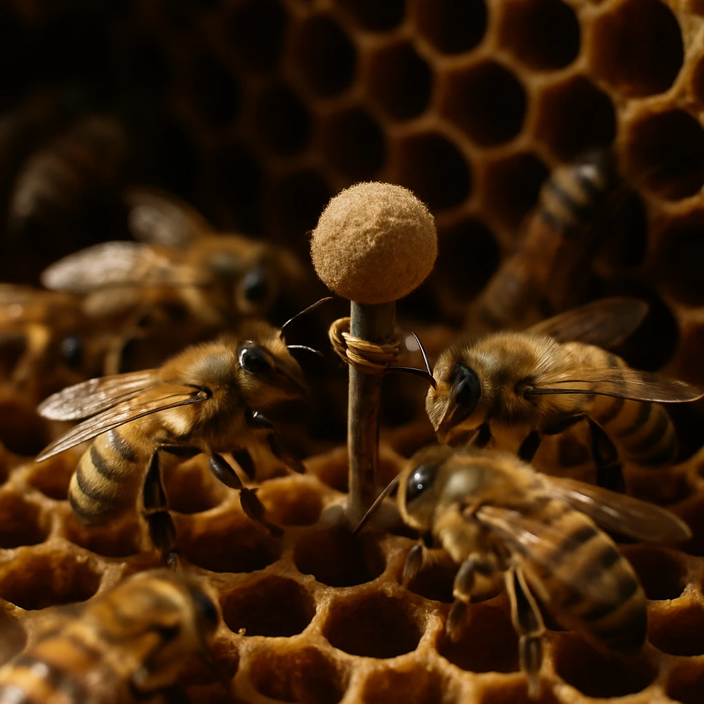巣箱内部で蜜蜂たちが手作りの小さなマイクを囲んで集まり、ポッドキャスト収録をしているような様子。