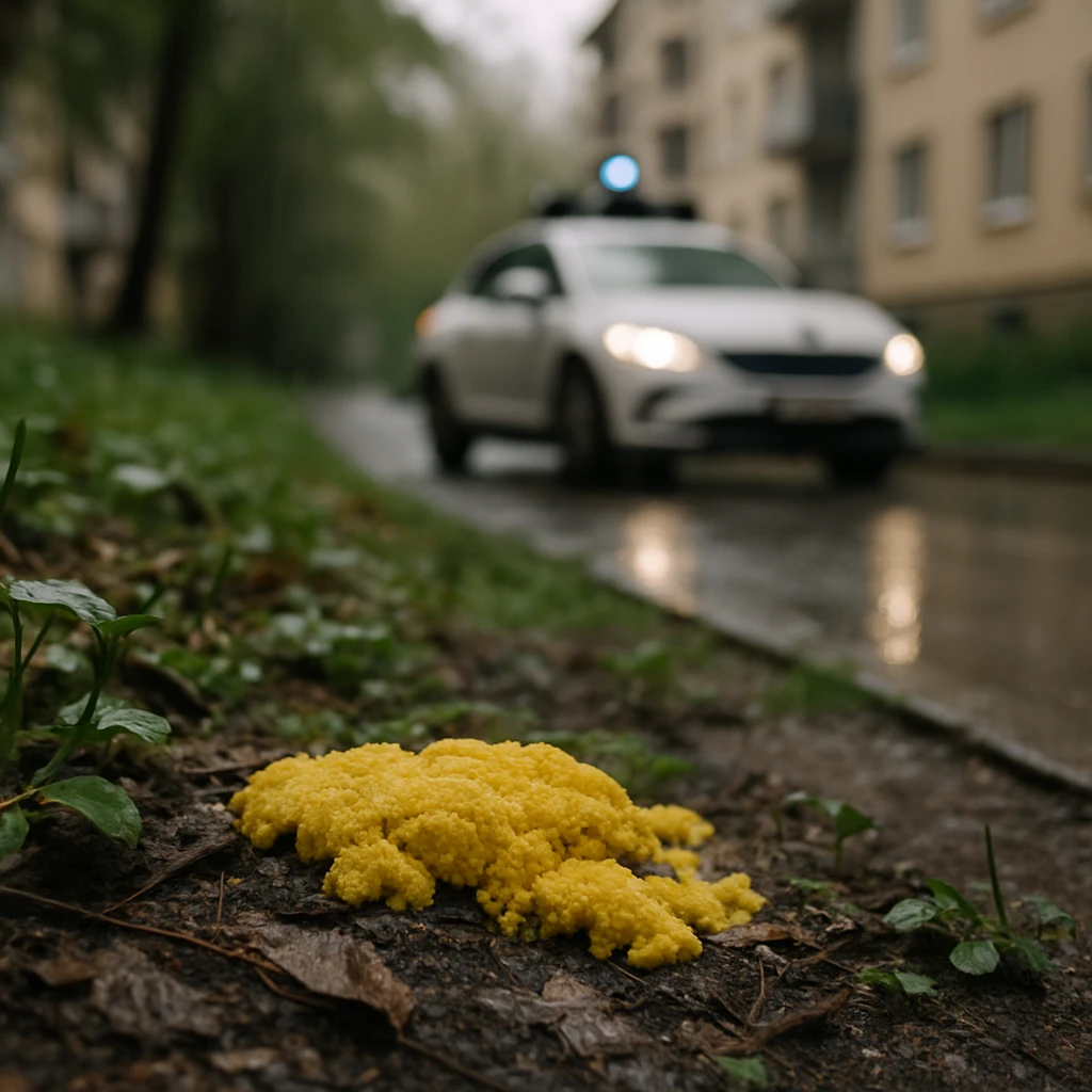 団地脇の湿った植え込みで粘菌が地面に広がり、背景に自動運転タクシーが停車している様子の写真。