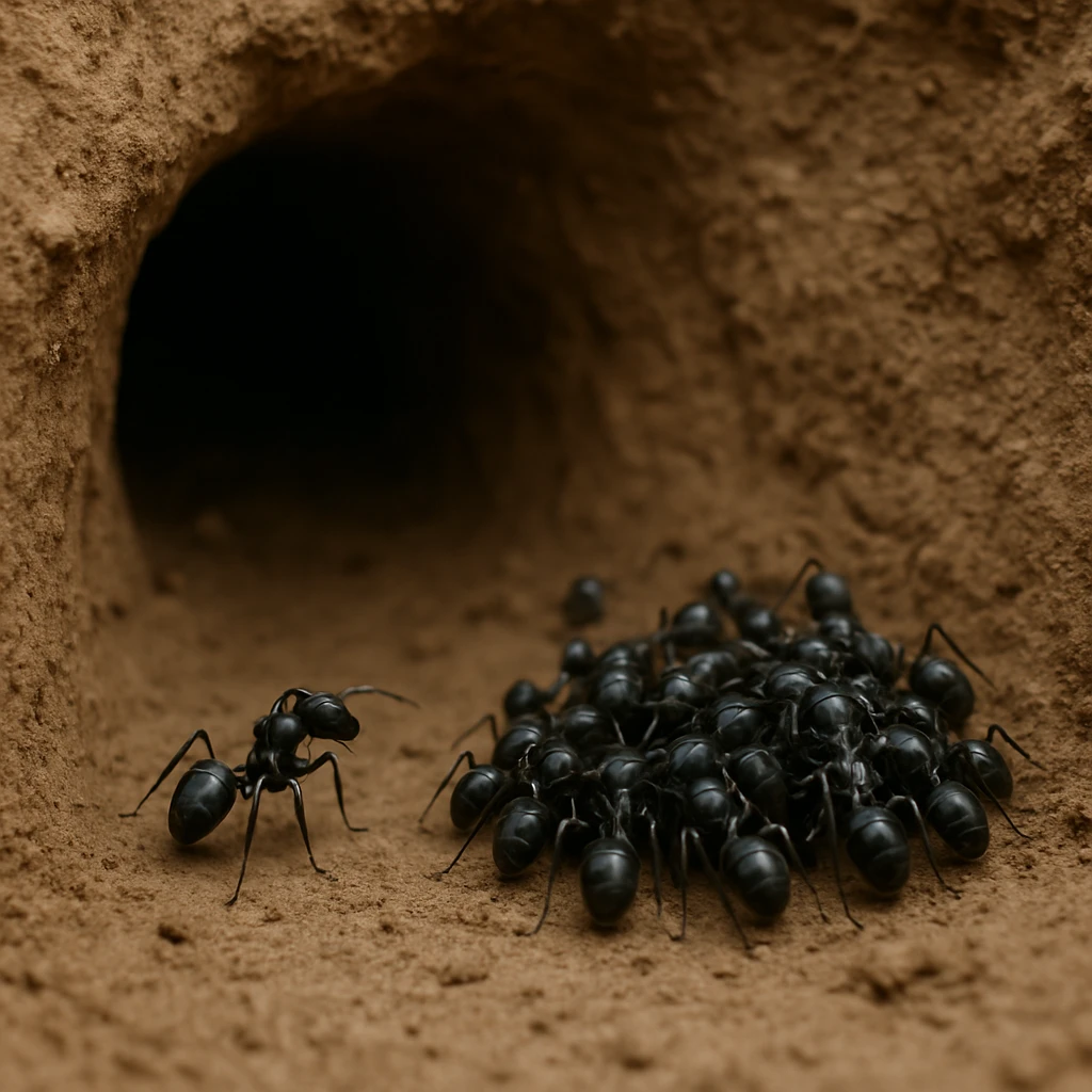 地中の粘土に囲まれた空間で、クロナガアリたちが集まって話し合っている様子が写っている。