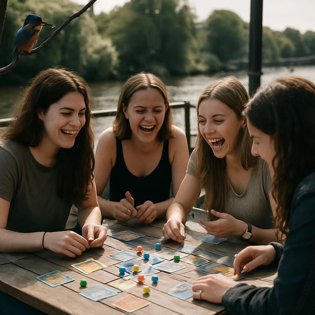川辺のテラスで女性たちがボードゲームに熱中し、テーブルにはカードやダイスが広がっている様子。