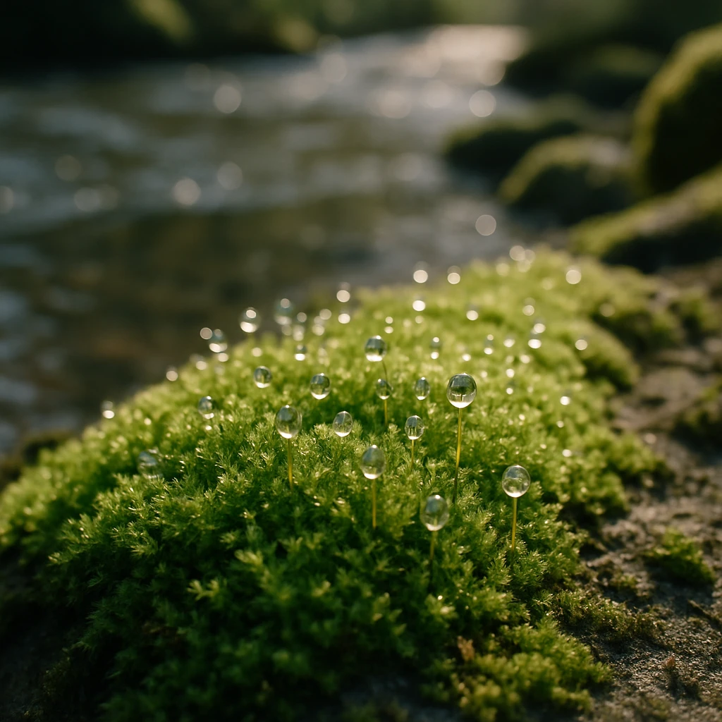 朝露が輝くコケの葉上を接写した河岸の緑の様子。