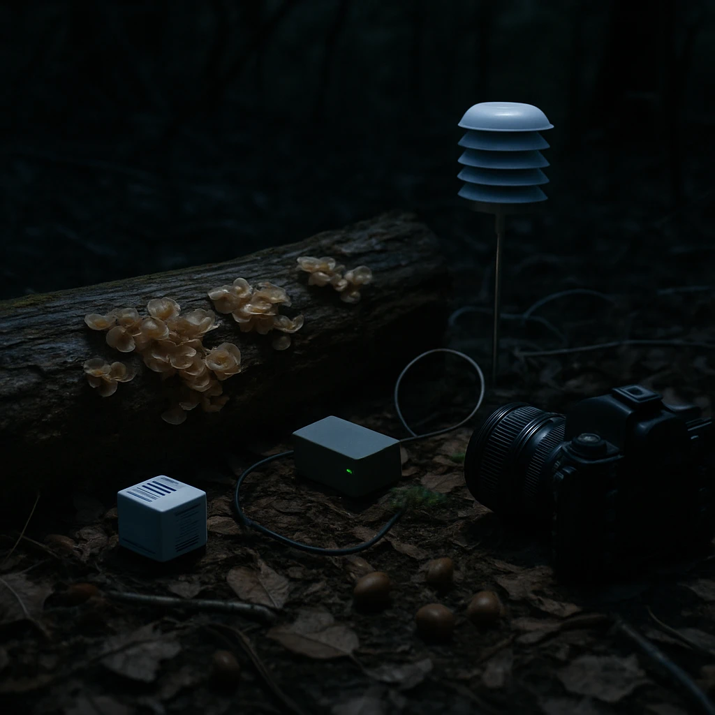 夜の森の倒木のそば、落ち葉やキクラゲとどんぐりの周りに観測用センサーやカメラが設置されている様子の写真。