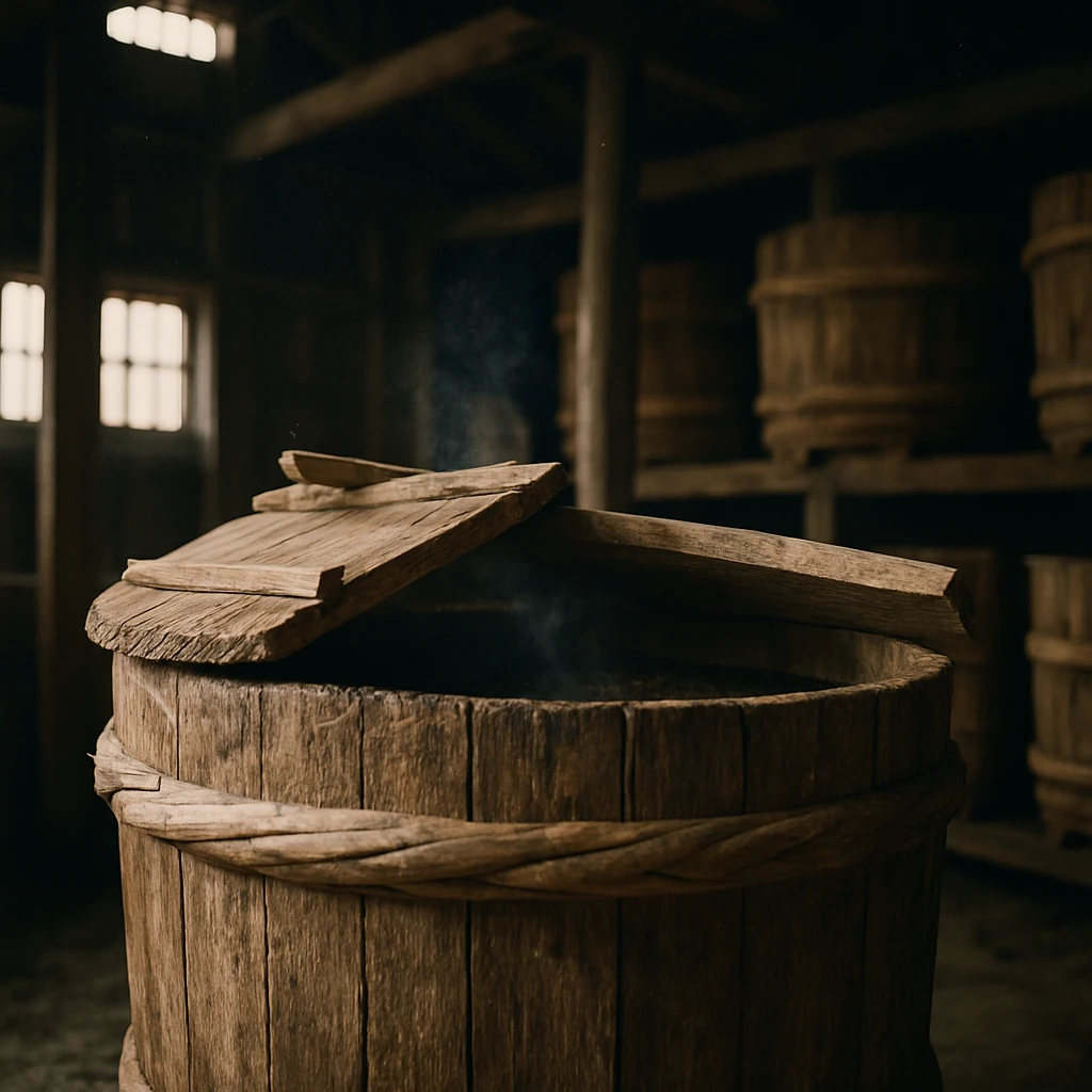 古い味噌蔵の大きな木樽の蓋が少し開き、中の発酵味噌と薄く立ち上る湯気が見える写真。