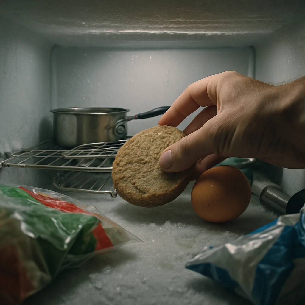 冷凍庫内部で人間の手がビーガンパティをつかもうとしている場面を低い視点から捉えた写真。