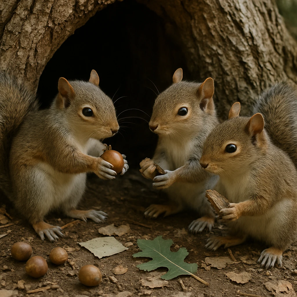 巣のある木のそばでリスの子どもたちが木の実や樹皮の切れ端を集めてやり取りしている様子。