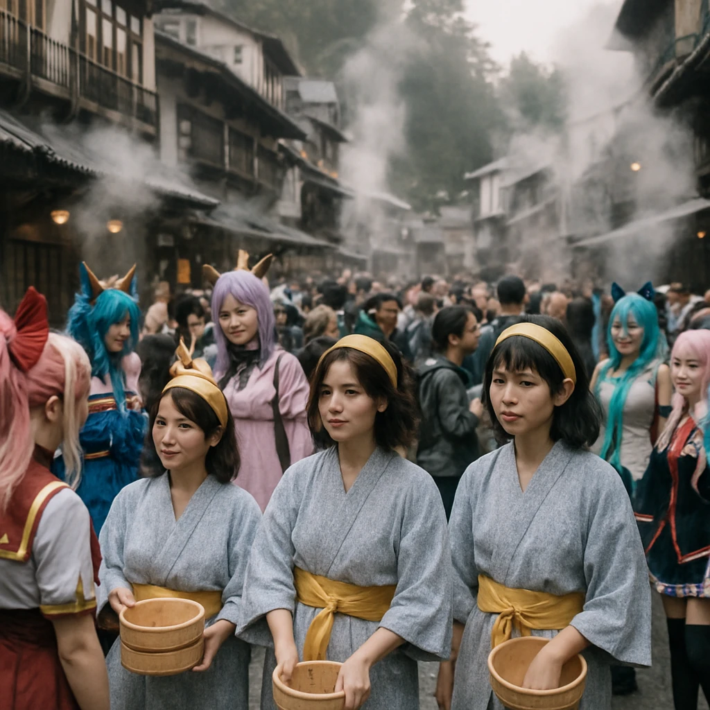 温泉街でコスプレ姿の参加者たちが賑やかに写真を撮り合っている様子の実写写真。