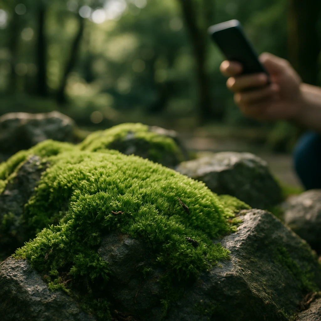 湿った公園の岩の上に生い茂る苔と、その上を歩くアリ、奥にはスマートフォンを持つ人の手がぼんやり映っている写真。