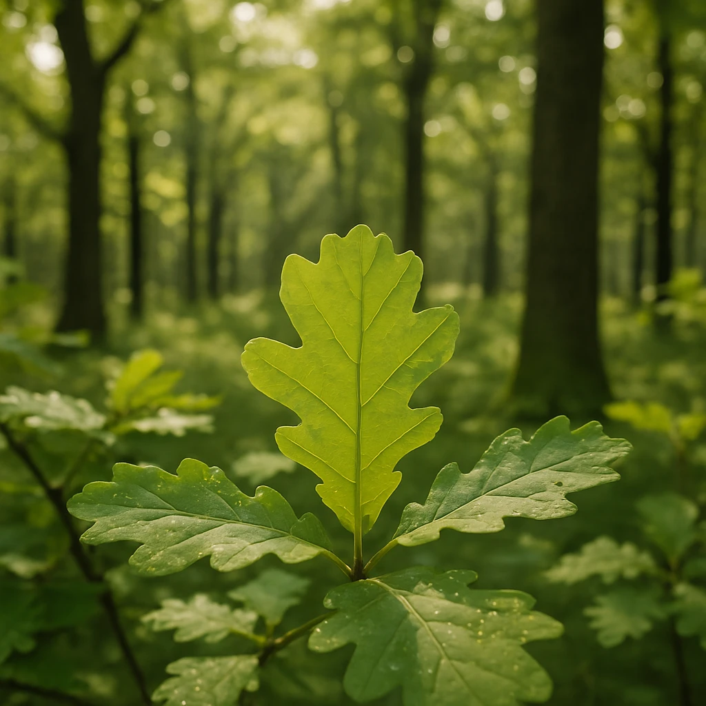 初夏の日差しを浴びて広がるカシの葉がクローズアップされた森の写真。