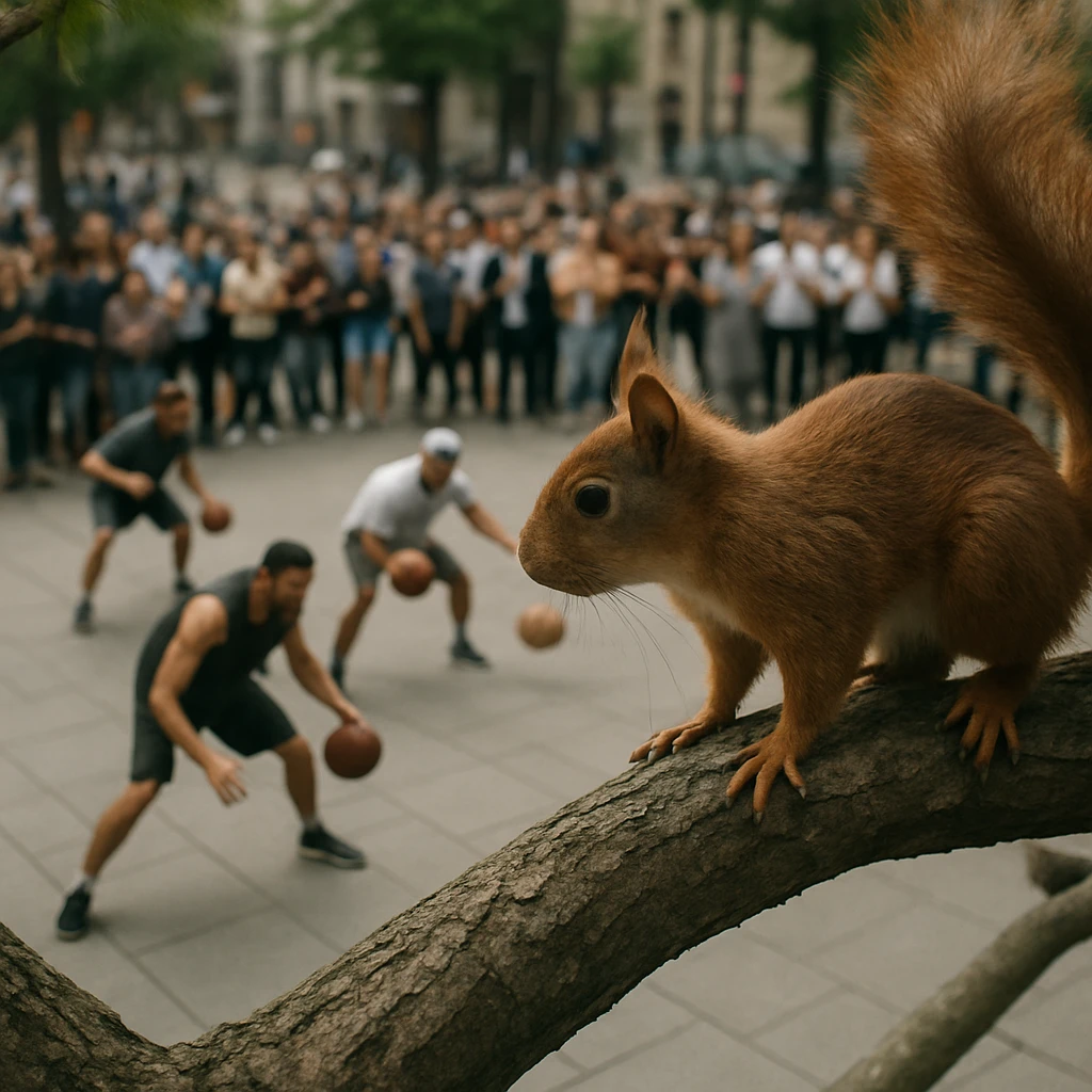 広場でフリースタイルバスケットボールを披露する人々を、木の上のアカリス目線から見下ろした写真。