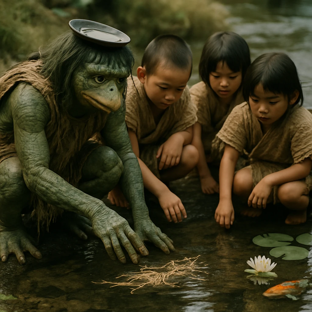 川辺で皿を頭に載せたカッパと草布の服を着た子どもたちが水面を覗き込んでいる様子。