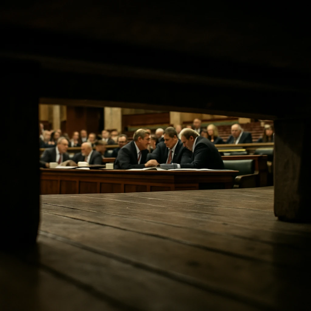 国会議事堂の床下から木のすきま越しに人間の審議風景を見上げている写真。