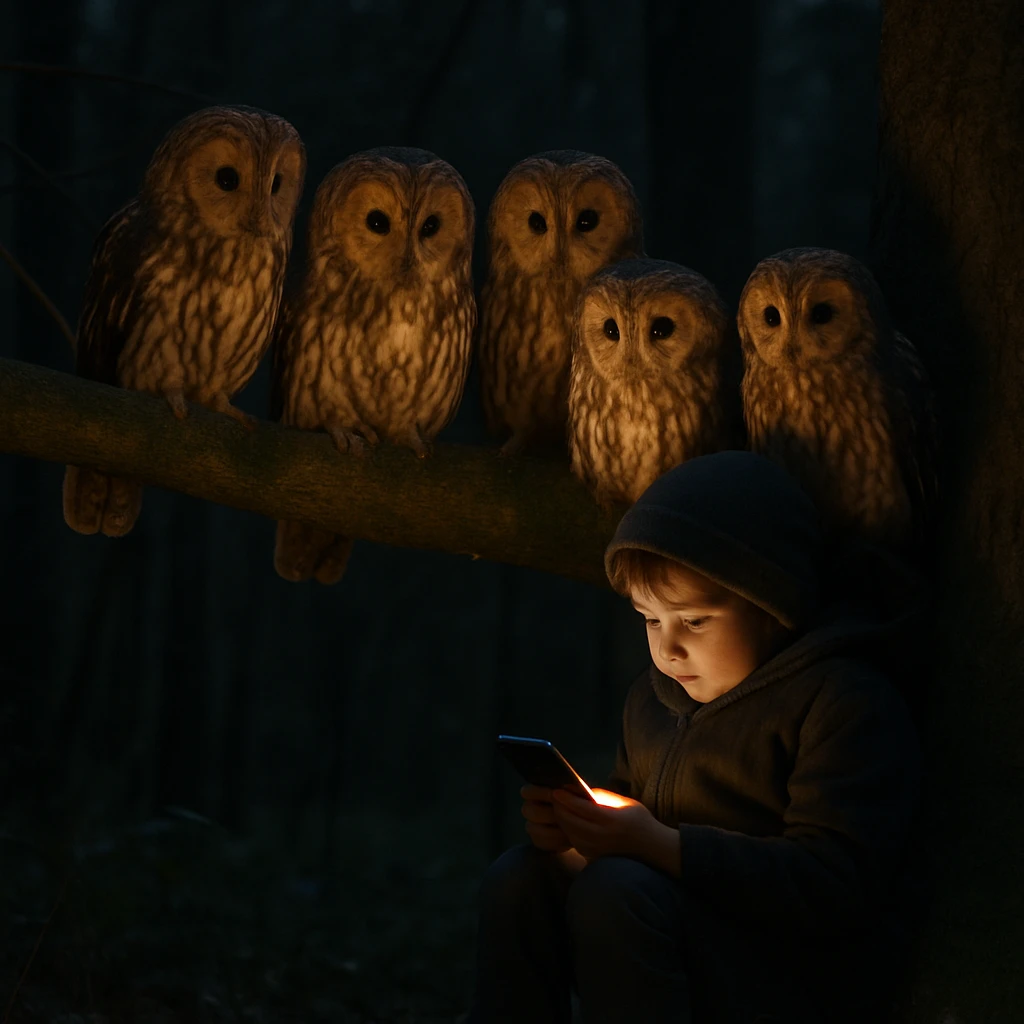 夜の森でフクロウたちが木の枝に並び、木の根元に座った子供の持つスマートフォンの光を興味深く見つめている様子。
