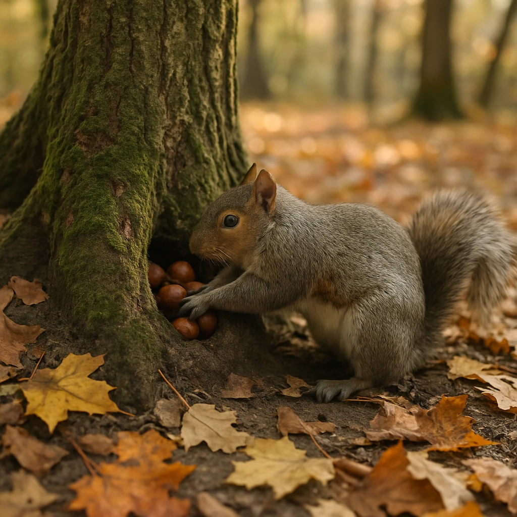 秋の森でリスがコケの生えた木の根元にドングリを貯めている様子の写真です。