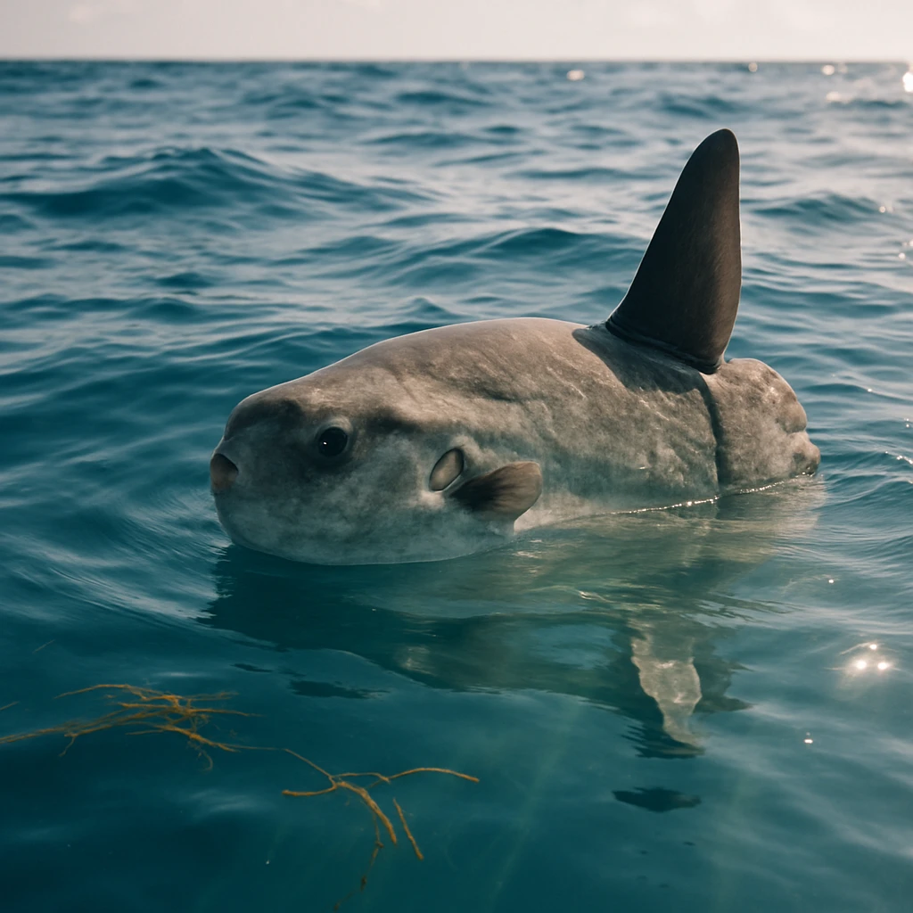 海面近くで波に揺られながら浮かぶ大きなマンボウと海藻の様子。