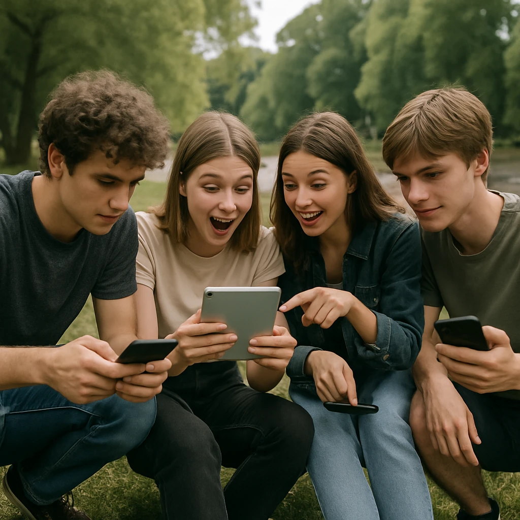 川沿いの公園でスマートフォンやタブレットを手に集まって議論する若者たちの様子。