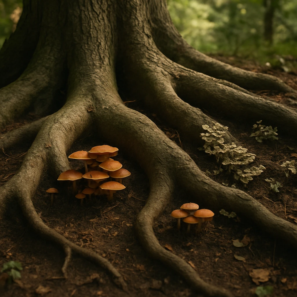 森の中で、老大樹オークの太い根元にさまざまなキノコや菌類が共生している様子の接写写真。