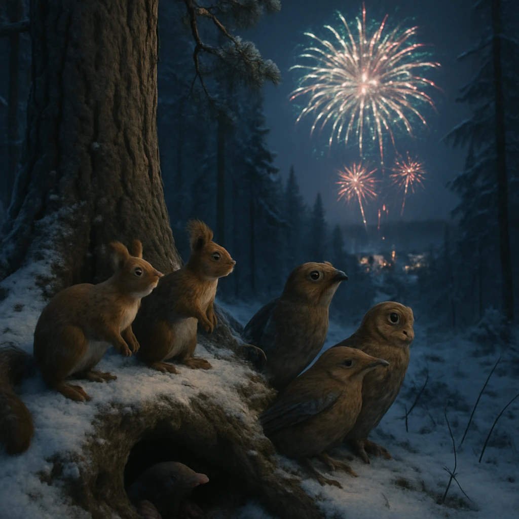 冬の夜、古い松の根元に森の動物たちが集まり、遠くの花火を見上げて驚いた様子の写真。
