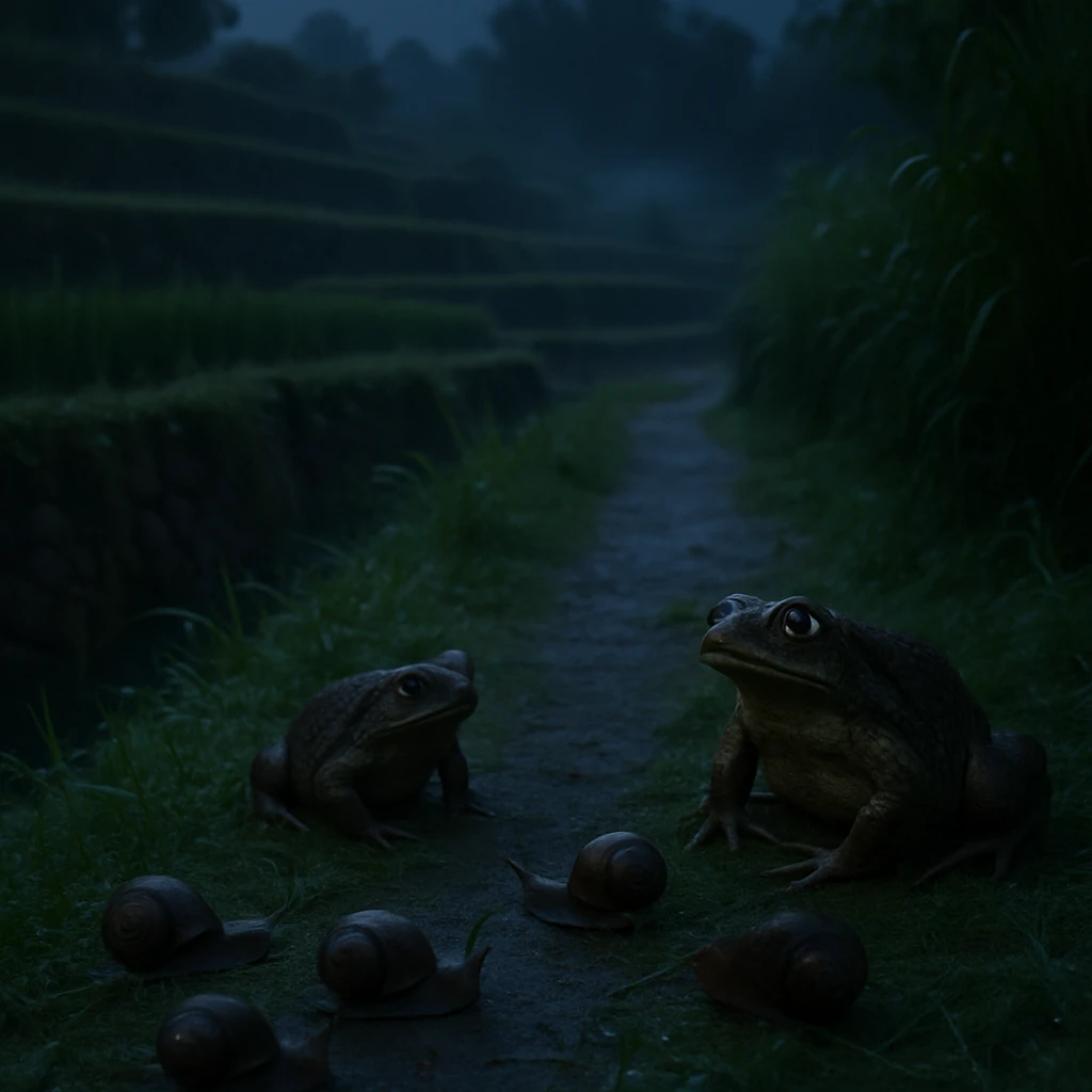 月明かりの田んぼの畦道に集まる複数のカタツムリとヒキガエルの様子。