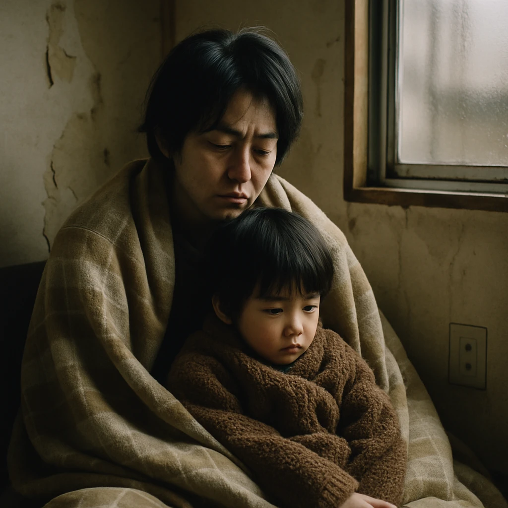 薄暗い日本のアパートの一室で、毛布にくるまれて寄り添うひとり親と小さな子どもが座っている様子。