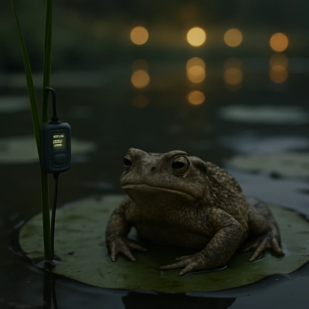 池の睡蓮の葉の上でたたずむ大きなガマガエルと、そばの水草に設置された小さな電子機器が夕暮れの自然光で写っている写真。