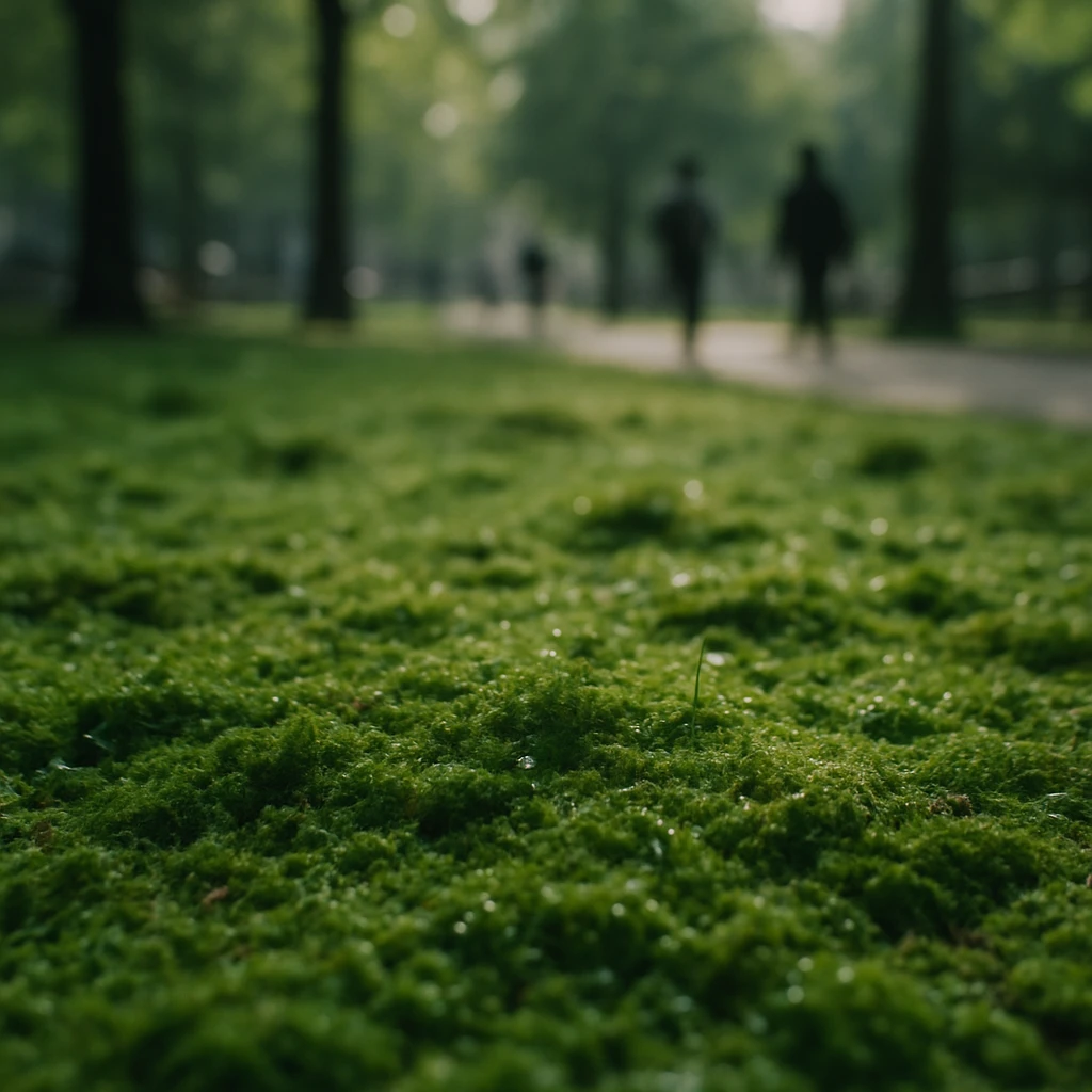 都市公園の地面を覆う緑鮮やかなコケの絨毯と、周囲に朝日が差し込む様子の写真。
