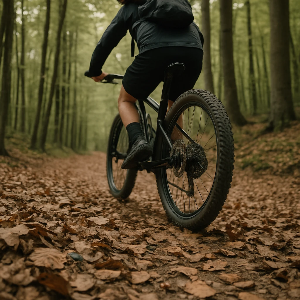 ブナ林の落ち葉の上を自転車で走る人物と、落ち葉の間に見える小さな昆虫たちの様子。