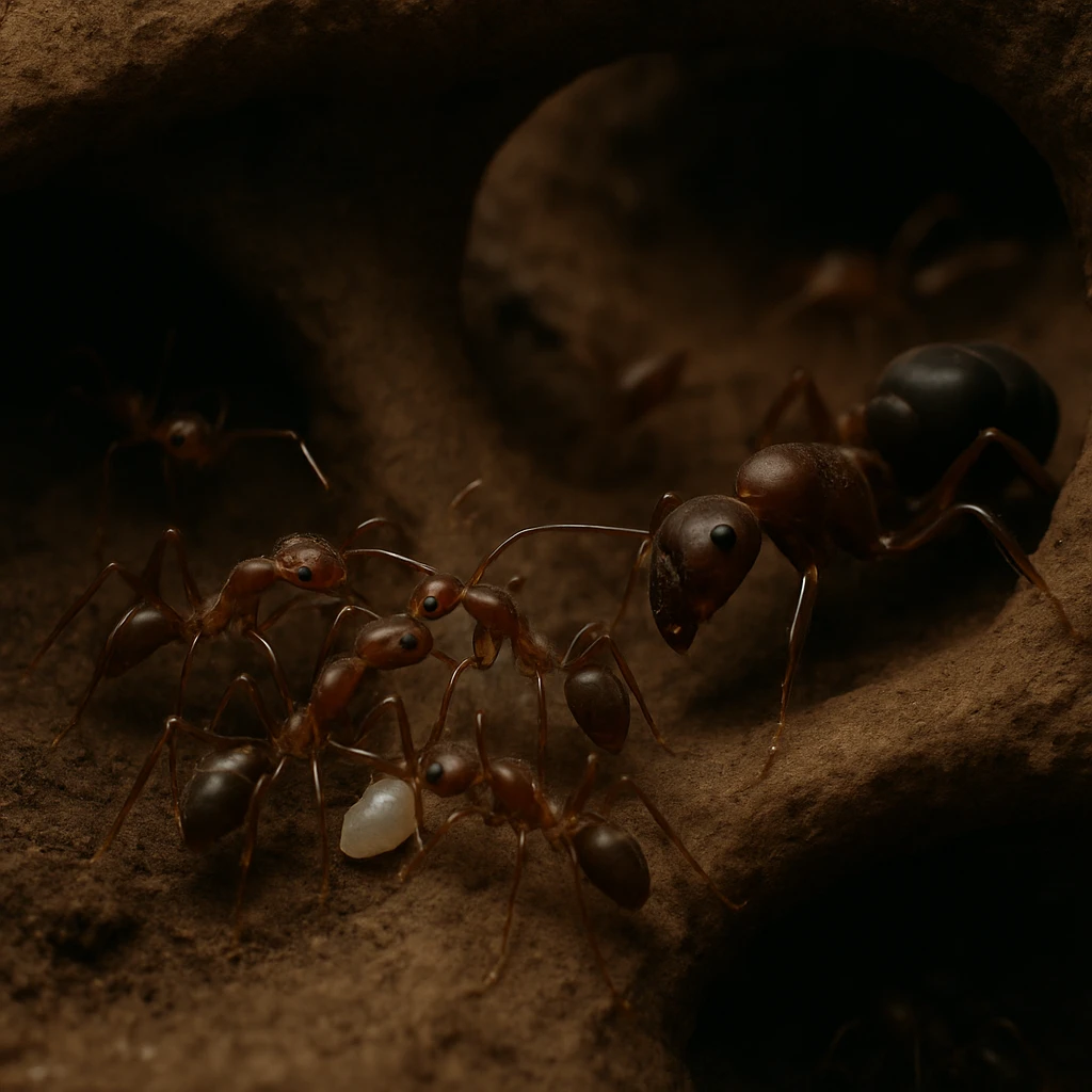 地中のアリの巣で複数のナガアシアリがトンネルで協力して作業し、近くで女王アリが見守る様子の接写写真。