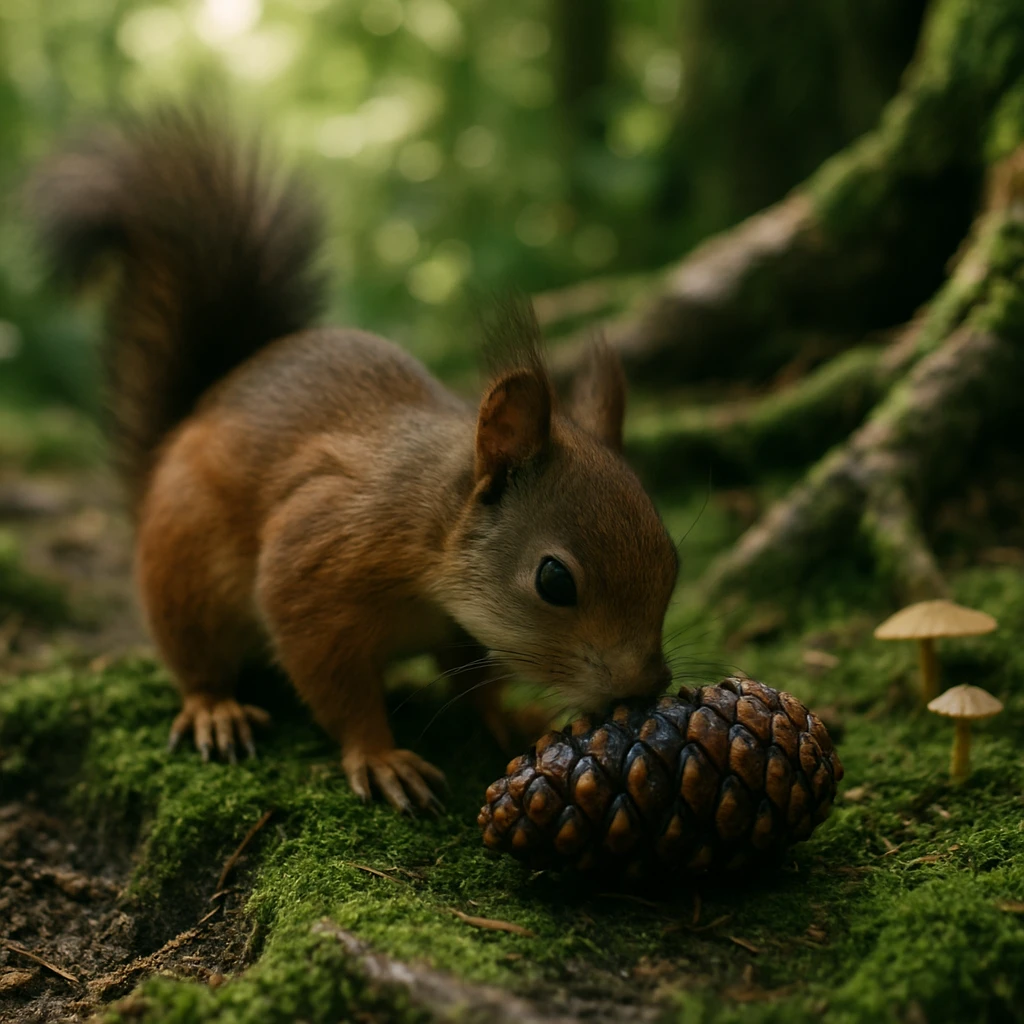 森の中でリスが松ぼっくりの香りを嗅いでいる様子を捉えた写真です。