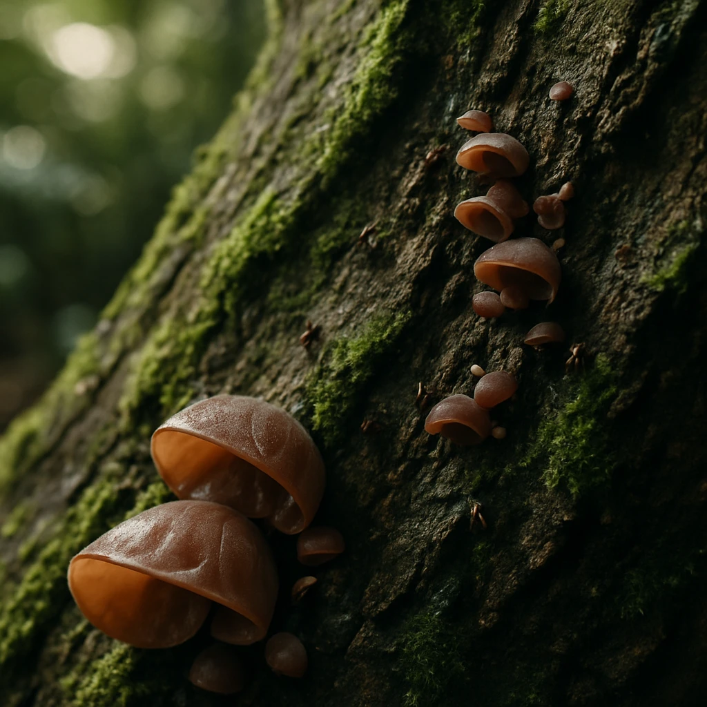 古木の表面にキクラゲや苔、小さな虫が共生している様子の接写写真。
