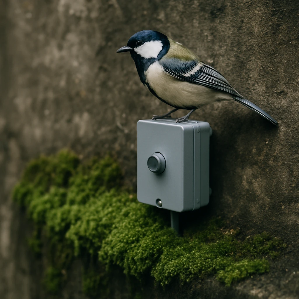 コンクリート壁の緑色の苔とその上に設置された小型端末、端末の上にとまるシジュウカラが写っている写真。