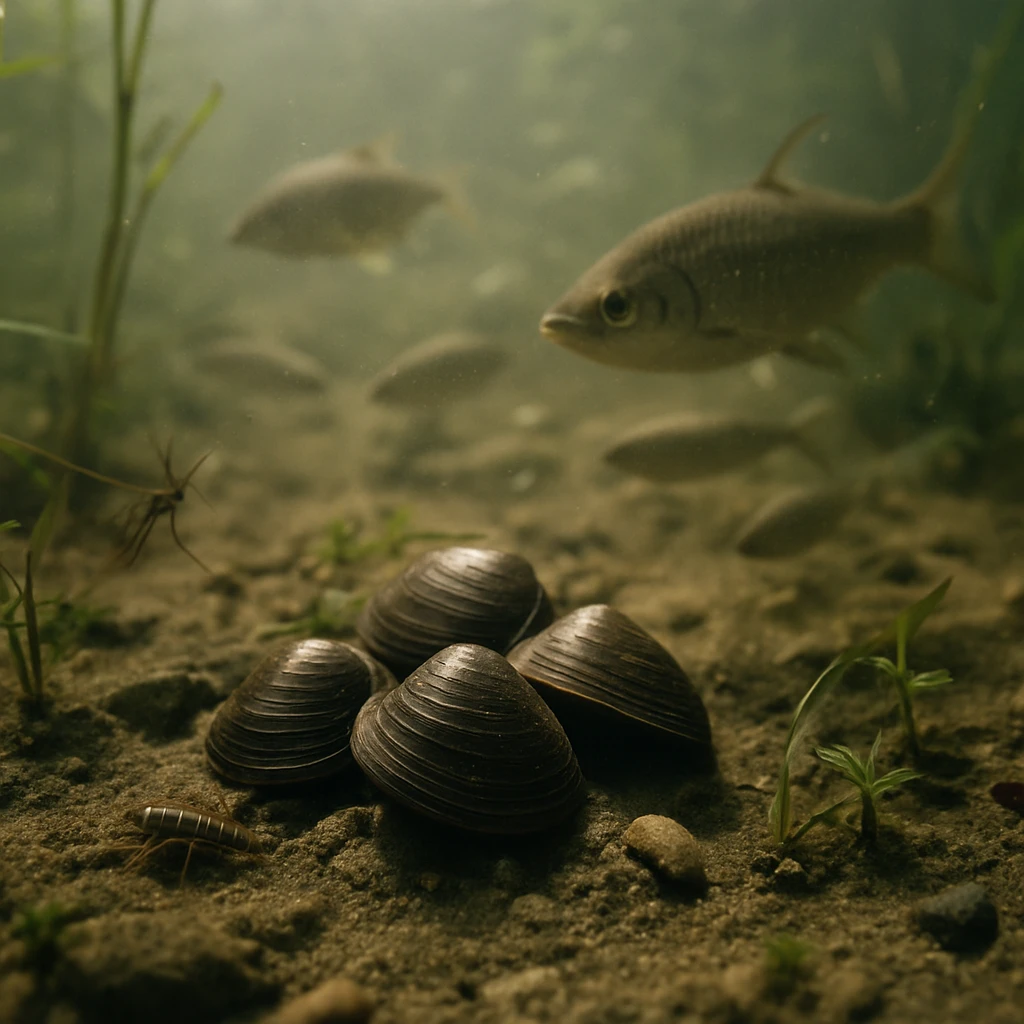 川底の泥の中に潜むマシジミや周囲の魚、水草が水中から見える写真です。