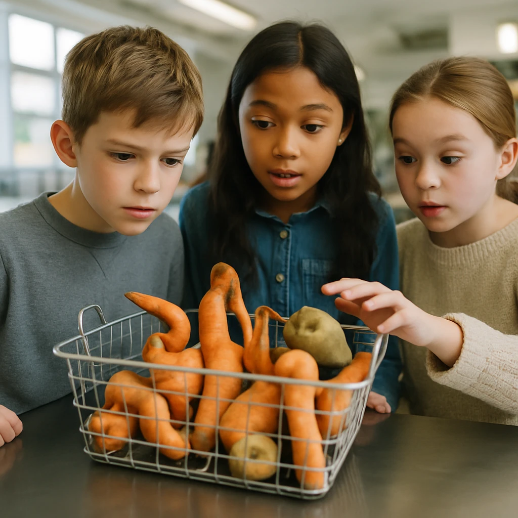 学校の明るい調理室で、子どもたちが選別かごに入った曲がったニンジンや形が不揃いな野菜を興味深そうに見つめている様子。