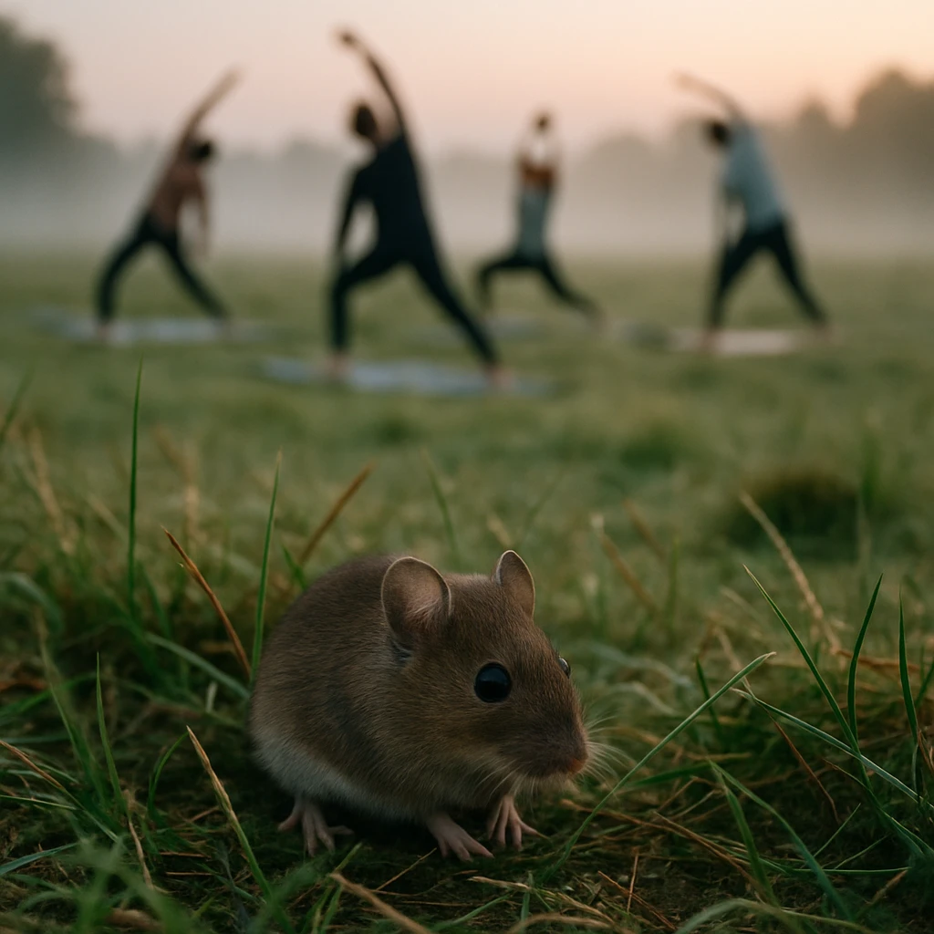 早朝の草地でアカネズミがうずくまり、遠方にヨガマットで体操をする人々が見える。