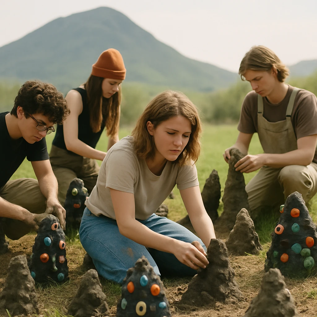 山裾の草地で若いアーティストたちが泥や粘土を使った抽象的な彫刻作品を並べている様子の写真。