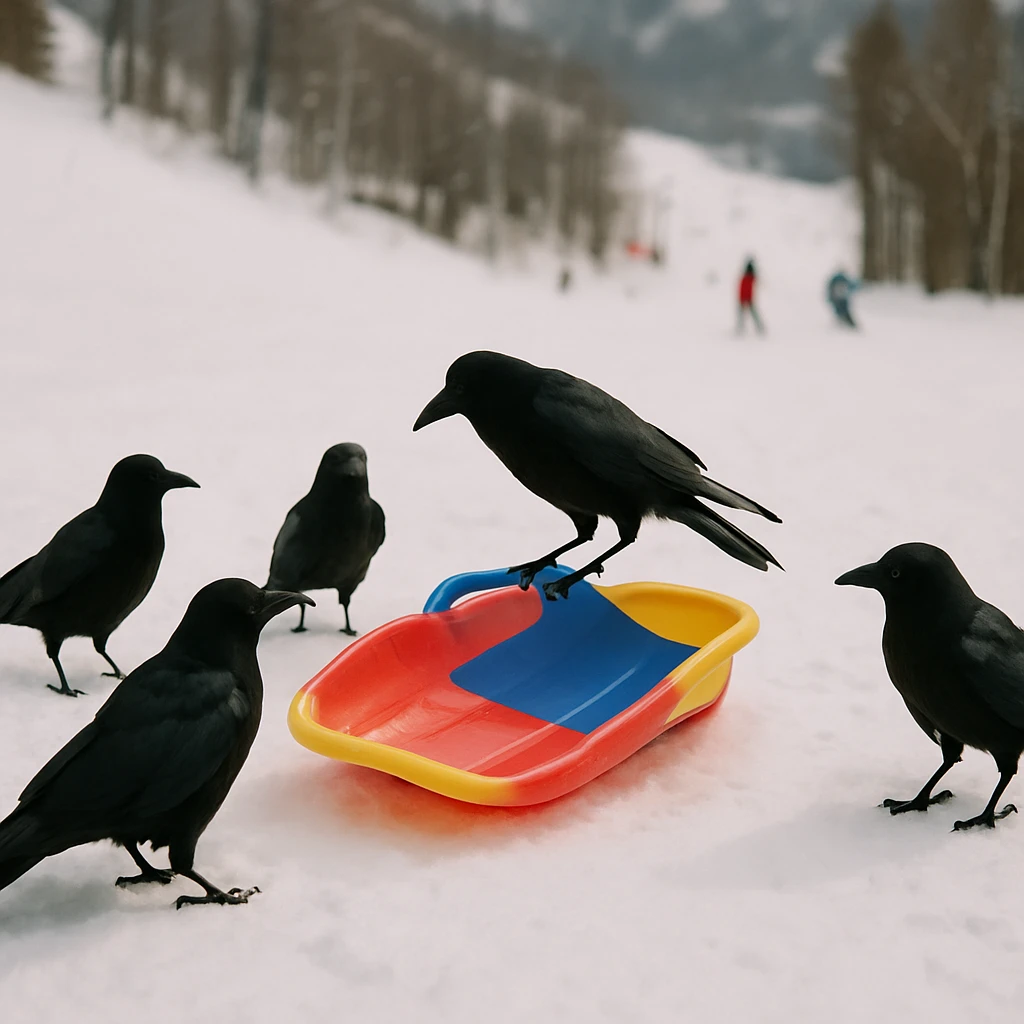 雪のゲレンデに置かれたカラフルなそりにカラスが集まり、1羽がそりの上に乗っている様子の写真。