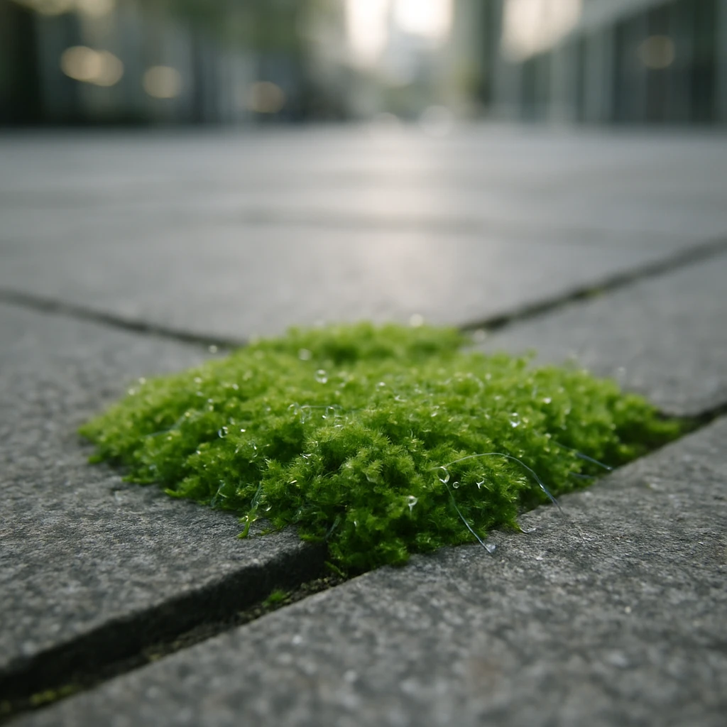都会の石畳の隙間に生える緑の苔に朝露が乗り、葉に細かな導線が絡む様子の写真。